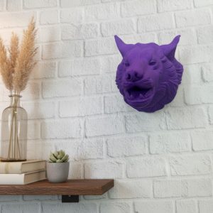Mor Renk 3D Kurt Başı Duvar Dekoru Asılabilir Maskot Heykel 25x19 cm