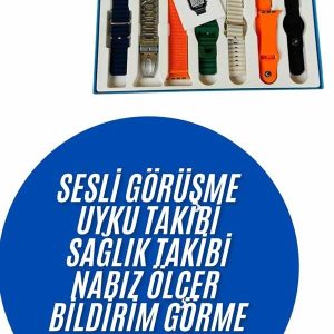 Akıllı Saat 7 Kordon Hediyeli Takvim Alarm Nabız Ölçer Bildirim Görme Sesli Görüşme