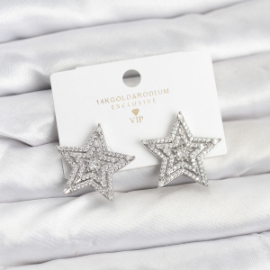 Pirinç Gümüş Renk Yıldız Model Zincir Bağlantılı Ear Cuff Küpe Seti 5886