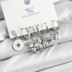 Pirinç Gümüş Renk Kelebek Model Zincir Bağlantılı Ear Cuff Küpe Seti 5886