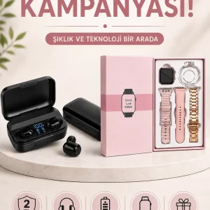 Wireless Şarjlı Pembe Akıllı Saat ve Kablosuz Bluetooth Kulaklık Dokunmatik Kontrol