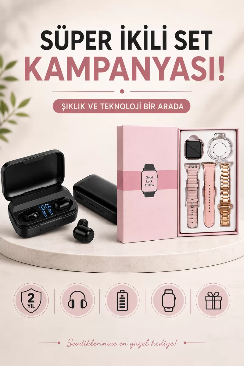 Wireless Şarjlı Pembe Akıllı Saat ve Kablosuz Bluetooth Kulaklık Dokunmatik Kontrol 1 Wireless Şarjlı Pembe Akıllı Saat ve Kablosuz Bluetooth Kulaklık Dokunmatik Kontrol
