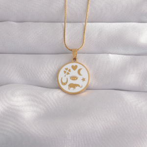 316L Çelik Gold Renk Beyaz Mineli Karışık Figürlü Tarot Kolye 5886