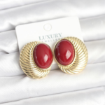 Pirinç Gold Renk Bordo Boncuklu Oval Vintage Kadın Küpe 5886