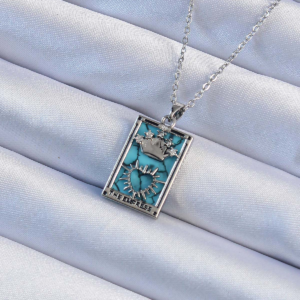 Haydiburaya 99 316L Çelik Zincir Gümüş Renk Zirkon Taşlı Mavi Mermer Desenli Taç Model Tarot Kolye 5886