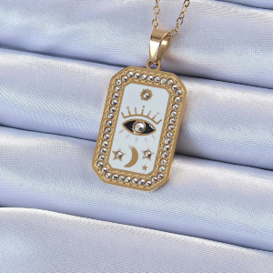 Haydiburaya 99 316L Çelik Zincir Altın Renk Mineli Zirkon Taşlı Göz Figür Tarot Kolye 5886