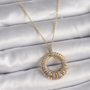 316L Çelik Gold Renk Zincir Gümüş Zirkon Taşlı Daire Model Kadın Kolye 5886