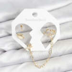 Pirinç Gold Renk Uzay Model Zincir Bağlantılı Ear Cuff Küpe Seti 5886