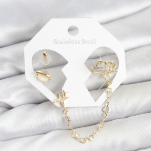 Pirinç Gold Renk Uzay Model Zincir Bağlantılı Ear Cuff Küpe Seti 5886