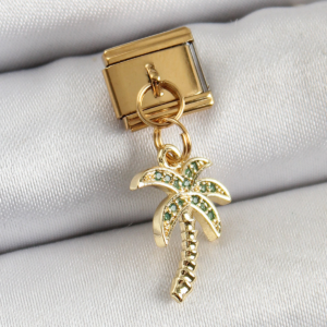 316L Çelik Sallantılı Zirkon Taşlı Palmiye Ağacı Model Gold Renk Nomination Charm 5886