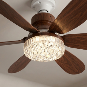 Crystal Aura 52 cm Ultra Sessiz Ahşap Renk LED Tavan Vantilatörü | 3 Kademeli Bakır Motor | Kumandalı Kristal Avize Vantilatör