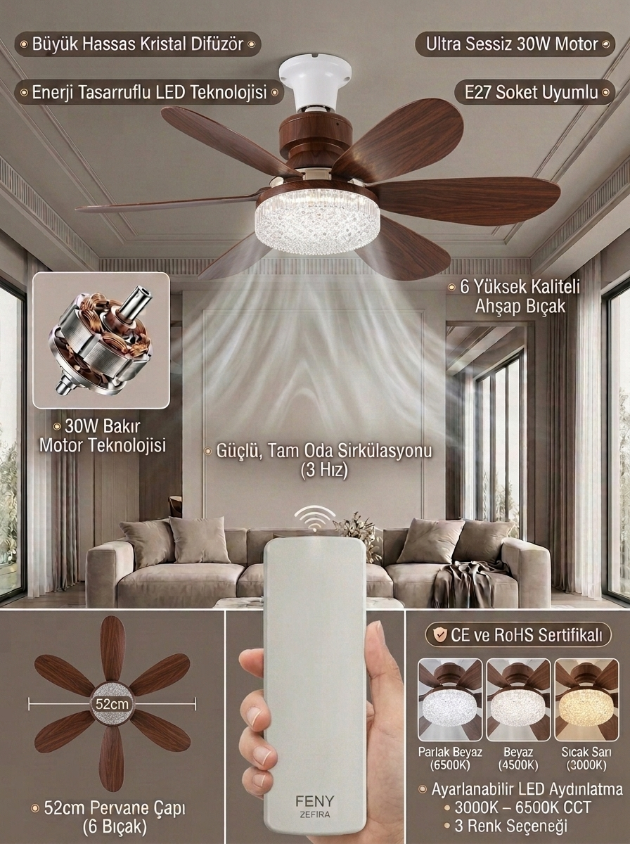 Crystal Aura 52 cm Ultra Sessiz Ahşap Renk LED Tavan Vantilatörü | 3 Kademeli Bakır Motor | Kumandalı Kristal Avize Vantilatör 2 Crystal Aura 52 cm Ultra Sessiz Ahşap Renk LED Tavan Vantilatörü | 3 Kademeli Bakır Motor | Kumandalı Kristal Avize Vantilatör - Görsel 2
