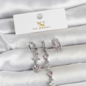Pirinç Gümüş Renk Pembe Zirkon Taşlı 3'lü Kadın Küpe 5886