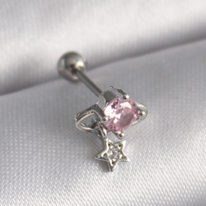 316L Çelik Gümüş Renk Pembe Zirkon Taşlı Sallantı Yıldız Detay Tragus Piercing 5886