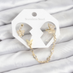 Kelebek Model Pirinç Gold Renk Zincir Bağlantılı Ear Cuff Küpe Seti 5886