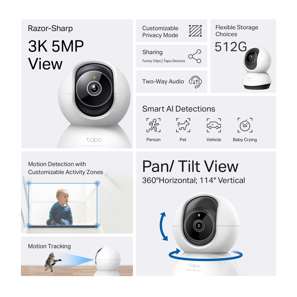 TP-LINK Tapo TC74 (C230), 3K, 5,0Mpix, İç Mekan, WiFi, 12Mt. Gece Görüşü, 360 Dönüş, İki Yönlü Ses Güvenlik Yapay Zeka Destekli Kamera(1923) 3 TP-LINK Tapo TC74 (C230), 3K, 5,0Mpix, İç Mekan, WiFi, 12Mt. Gece Görüşü, 360 Dönüş, İki Yönlü Ses Güvenlik Yapay Zeka Destekli Kamera(1923) - Görsel 3