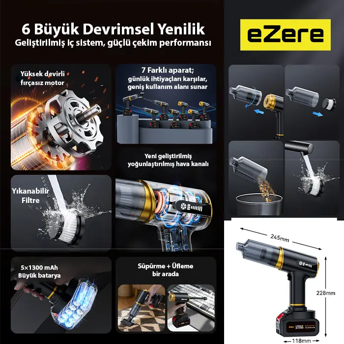 EZERE ST-6609C 20000pa Güçlü Dijital Göstergeli Vakumlu Kablosuz Üflemeli Araç Süpürgesi-(5775) 4 EZERE ST-6609C 20000pa Güçlü Dijital Göstergeli Vakumlu Kablosuz Üflemeli Araç Süpürgesi-(5775) - Görsel 4