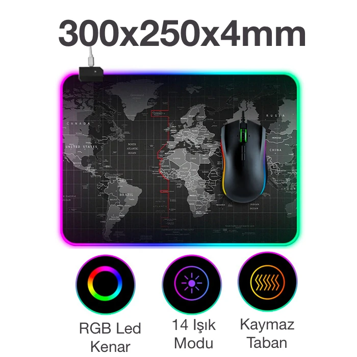 ALLY Dünya Desenli RGB Led Işıklı Oyuncu Mouse Pad 300*250*4MM-(5775) 2 ALLY Dünya Desenli RGB Led Işıklı Oyuncu Mouse Pad 300*250*4MM-(5775) - Görsel 2