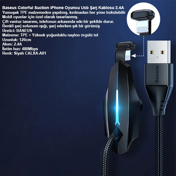 Baseus Colorful Suction iPhone Oyuncu Usb Şarj Kablosu 2.4A 1.2m 3 Baseus Colorful Suction iPhone Oyuncu Usb Şarj Kablosu 2.4A 1.2m - Görsel 3
