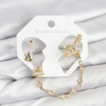 Pirinç Gold Renk Yıldızlı Model Zincir Bağlantılı Ear Cuff Küpe Seti 5886