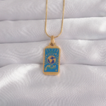 316L Çelik Gold Renk Mavi Mineli El Figür Tarot Kolye 5886