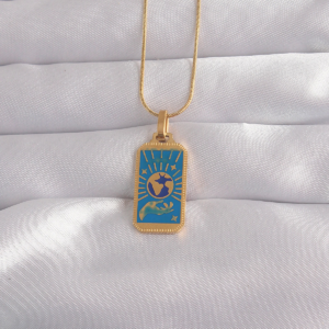316L Çelik Gold Renk Mavi Mineli El Figür Tarot Kolye 5886