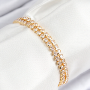 Pirinç Zirkon Taşlı Çift Sıra Model Gold Renk Asansörlü Kadın Bileklik 5886