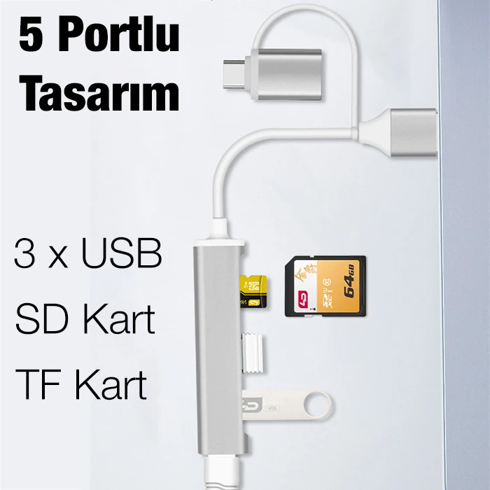ALLY A-807 5in1 Type-C + USB Girişli USB 3.0 Çoğaltıcı Hub Adaptör 2 ALLY A-807 5in1 Type-C + USB Girişli USB 3.0 Çoğaltıcı Hub Adaptör - Görsel 2