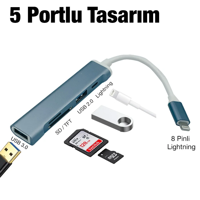 Ally S-503 5in1 Lightning to USB + SD Kart Hub Adaptör Çevirici Dönüştürücü 2 Ally S-503 5in1 Lightning to USB + SD Kart Hub Adaptör Çevirici Dönüştürücü - Görsel 2