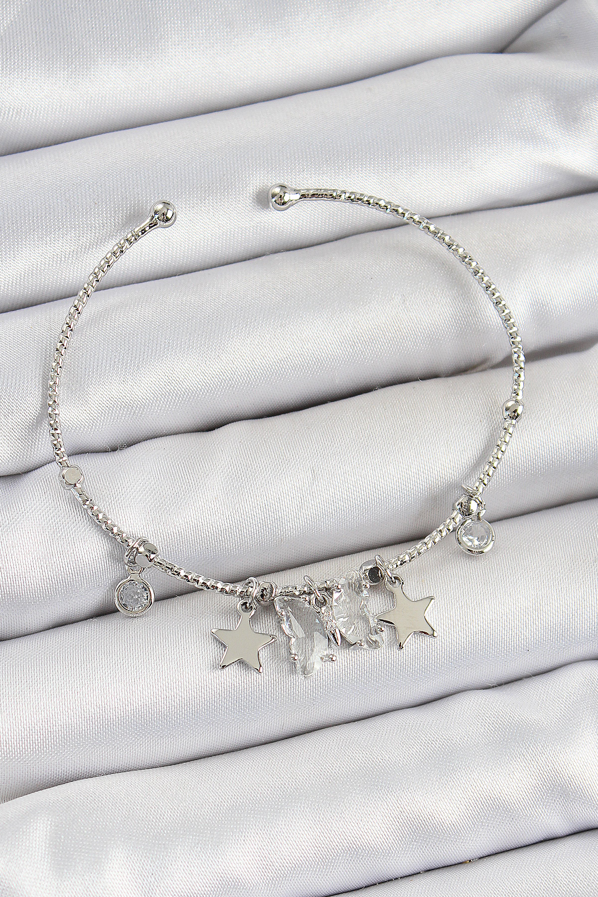 Pirinç Zirkon Taşlı Kelebek Ve Yıldız Model Gümüş Renk Charm Bileklik 5886 1 Pirinç Zirkon Taşlı Kelebek Ve Yıldız Model Gümüş Renk Charm Bileklik 5886
