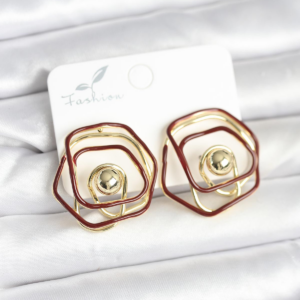 Pirinç Gold Renk Bordo Mineli Geometrik Gül Model Kadın Küpe 5886