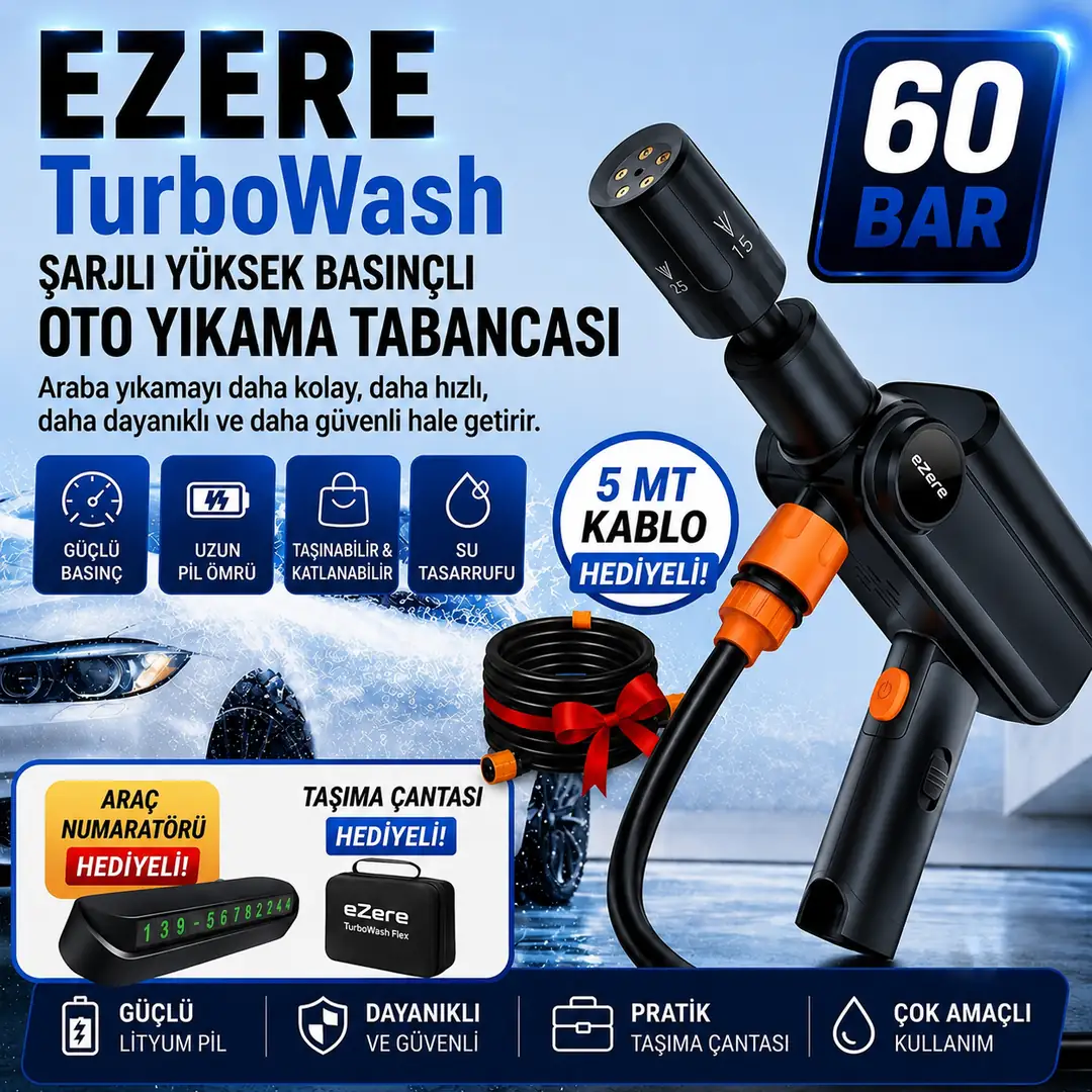 EZERE TurboWash Şarjlı 60 Bar Yüksek Basınçlı Oto Araba Bahçe Yıkama ve Temizleme Tabancası Makinesi-(5775) 1 EZERE TurboWash Şarjlı 60 Bar Yüksek Basınçlı Oto Araba Bahçe Yıkama ve Temizleme Tabancası Makinesi-(5775)