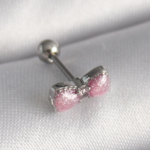 316L Çelik Gümüş Renk Pembe Kurdele Zirkon Taş Detay Tragus Piercing 5886
