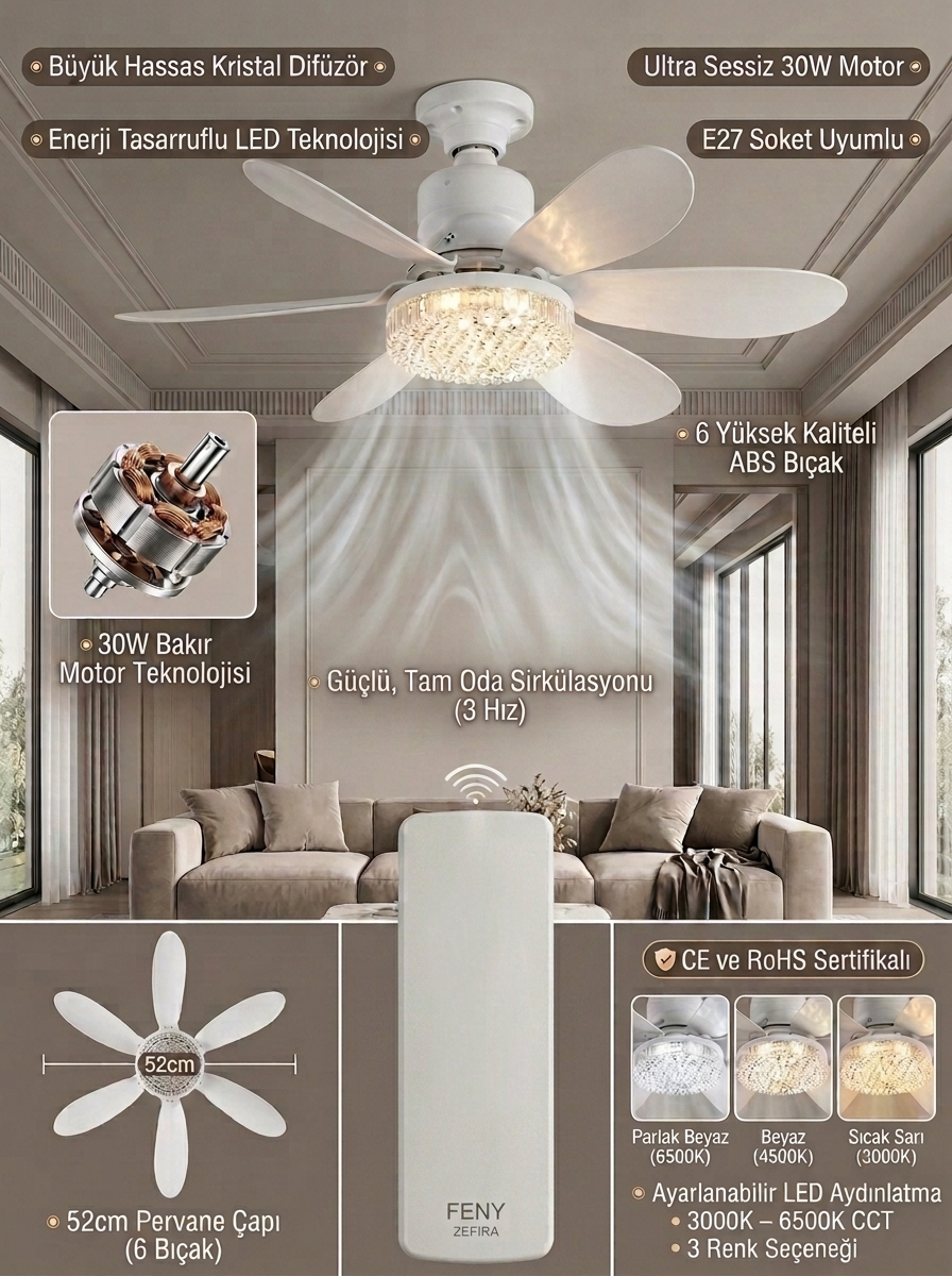 Crystal Aura 52 cm Ultra Sessiz LED Tavan Vantilatörü | 3 Kademeli Bakır Motor | Kumandalı Kristal Avize Vantilatör 2 Crystal Aura 52 cm Ultra Sessiz LED Tavan Vantilatörü | 3 Kademeli Bakır Motor | Kumandalı Kristal Avize Vantilatör - Görsel 2