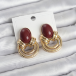 Pirinç Gold Renk Bordo Taşlı Vintage Kadın Küpe 5886