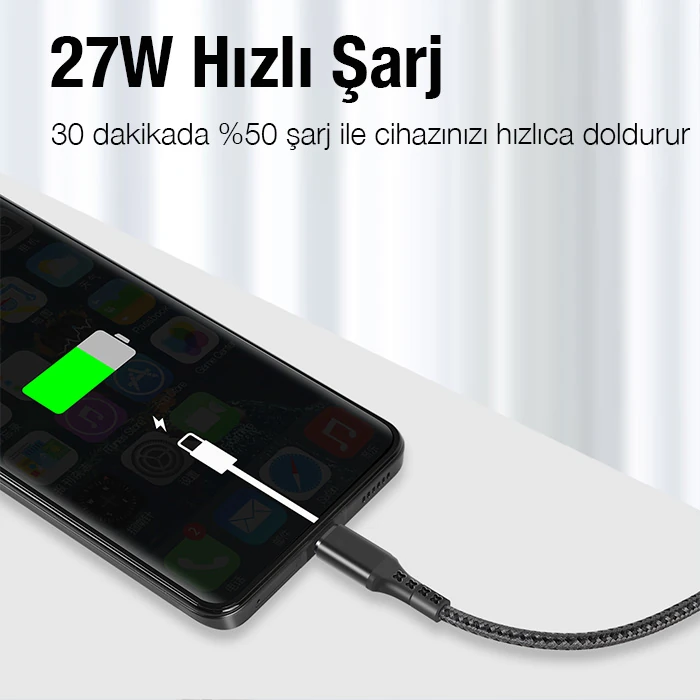 ALLY 1mt 27W Type-C To iPhone Lightning Süper Hızlı Data ve Şarj Kablosu, Akım ve Isı Korumalı Halat-(5775) 3 ALLY 1mt 27W Type-C To iPhone Lightning Süper Hızlı Data ve Şarj Kablosu, Akım ve Isı Korumalı Halat-(5775) - Görsel 3