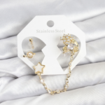 Pirinç Gold Renk Yıldız Model Zincir Bağlantılı Ear Cuff Küpe Seti 5886
