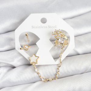 Pirinç Gold Renk Yıldız Model Zincir Bağlantılı Ear Cuff Küpe Seti 5886