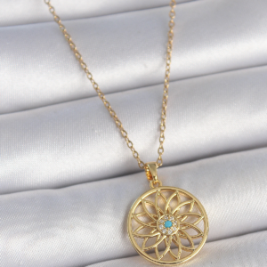 316L Çelik Gold Renk Zincr Mavi Taşlı Lotus Model Kadın Kolye 5886