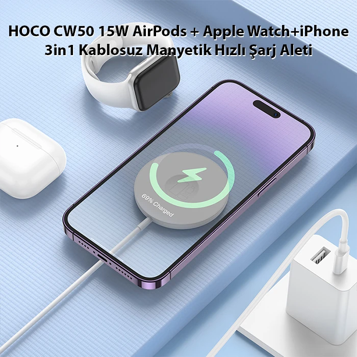 HOCO CW50 15W AirPods + Apple Watch+iPhone 3in1 Kablosuz Manyetik Hızlı Şarj Aleti-(5775) 3 HOCO CW50 15W AirPods + Apple Watch+iPhone 3in1 Kablosuz Manyetik Hızlı Şarj Aleti-(5775) - Görsel 3
