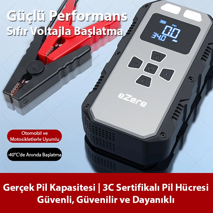 EZERE 4 in1 8000mAh Lastik Sisirme Pompası Ve Starter Akü Takviye Seti-(5775) 2 EZERE 4 in1 8000mAh Lastik Sisirme Pompası Ve Starter Akü Takviye Seti-(5775) - Görsel 2