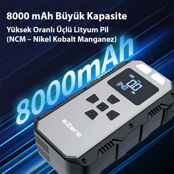 EZERE 4 in1 8000mAh Lastik Sisirme Pompası Ve Starter Akü Takviye Seti-(5775) 3 EZERE 4 in1 8000mAh Lastik Sisirme Pompası Ve Starter Akü Takviye Seti-(5775) - Görsel 3