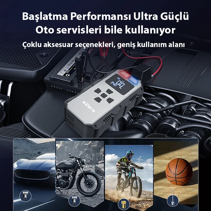 EZERE 4 in1 8000mAh Lastik Sisirme Pompası Ve Starter Akü Takviye Seti-(5775) 4 EZERE 4 in1 8000mAh Lastik Sisirme Pompası Ve Starter Akü Takviye Seti-(5775) - Görsel 4