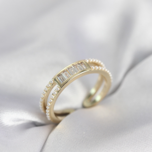 Baget Zirkon Taşlı Gold Renk İncili Kadın Yüzük 5886