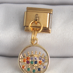 316L Çelik Gold Renk Sallantı Renkli Zirkon Taşlı Göz Model Nomination Charm 5886