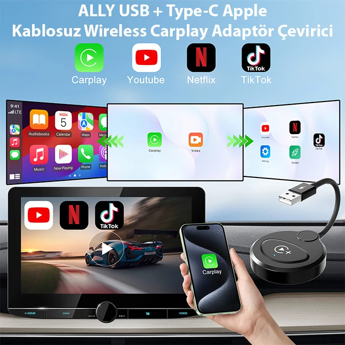 USB+Type-C Apple Kablosuz Wireless Carplay Adaptör Çevirici -Youtube Netflix Tiktok Video Yansıtıcı-(5775) 2 USB+Type-C Apple Kablosuz Wireless Carplay Adaptör Çevirici -Youtube Netflix Tiktok Video Yansıtıcı-(5775) - Görsel 2
