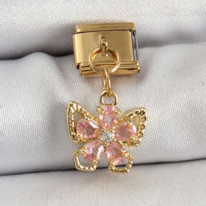 316L Çelik Sallantılı Zirkon Taşlı Çiçek Figürlü Kelebek Model Gold Renk Nomination Charm 5886