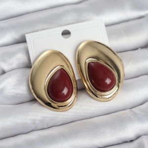 Pirinç Gold Renk Bordo Taşlı Damla Model Vintage Kadın Küpe 5886