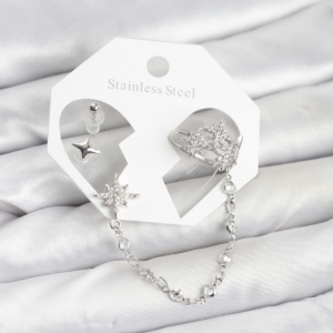 Kutup Yıldızı Model Pirinç Gümüş Renk Zincir Bağlantılı Ear Cuff Küpe Seti 5886