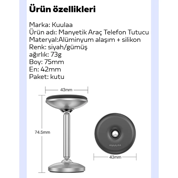 KUULAA Güçlü Mıknatıslı Manyetik Standlı Cep Telefon Araç Tutucu 4 KUULAA Güçlü Mıknatıslı Manyetik Standlı Cep Telefon Araç Tutucu - Görsel 4